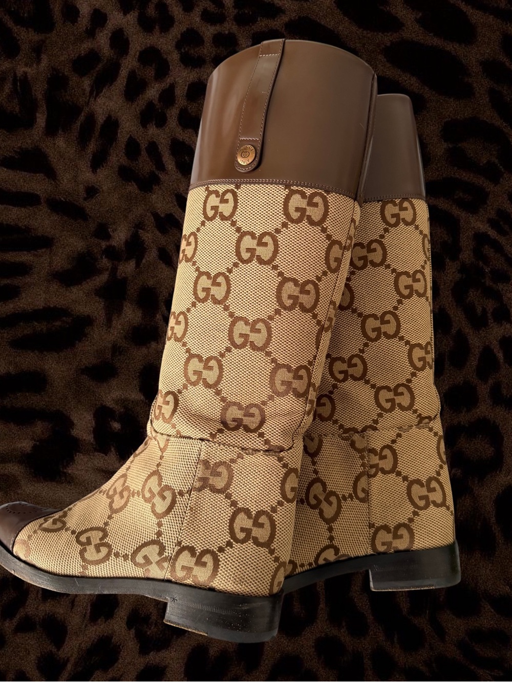 Gucci Beige + Brown Macro GG Canvas Knee-High Heeled Riding Boots